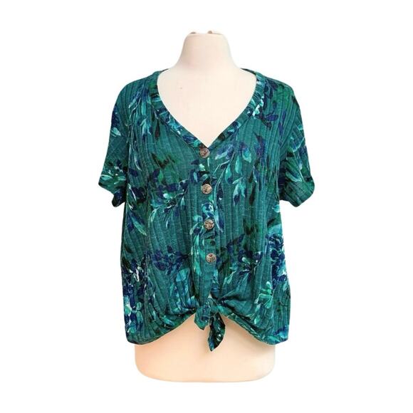 Ribbed Tie Front Button Down Blouse - Picture 3 of 11